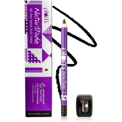 Plum Naturstudio All-Day-Wear Kohl Kajal Matte Finish Black Brilliance Eyeliner Pencil With Free Sharpener | Smudge Proof | Waterproof 2-In-1 Eyeliner + Kajal Makeup Set, 1.2 g